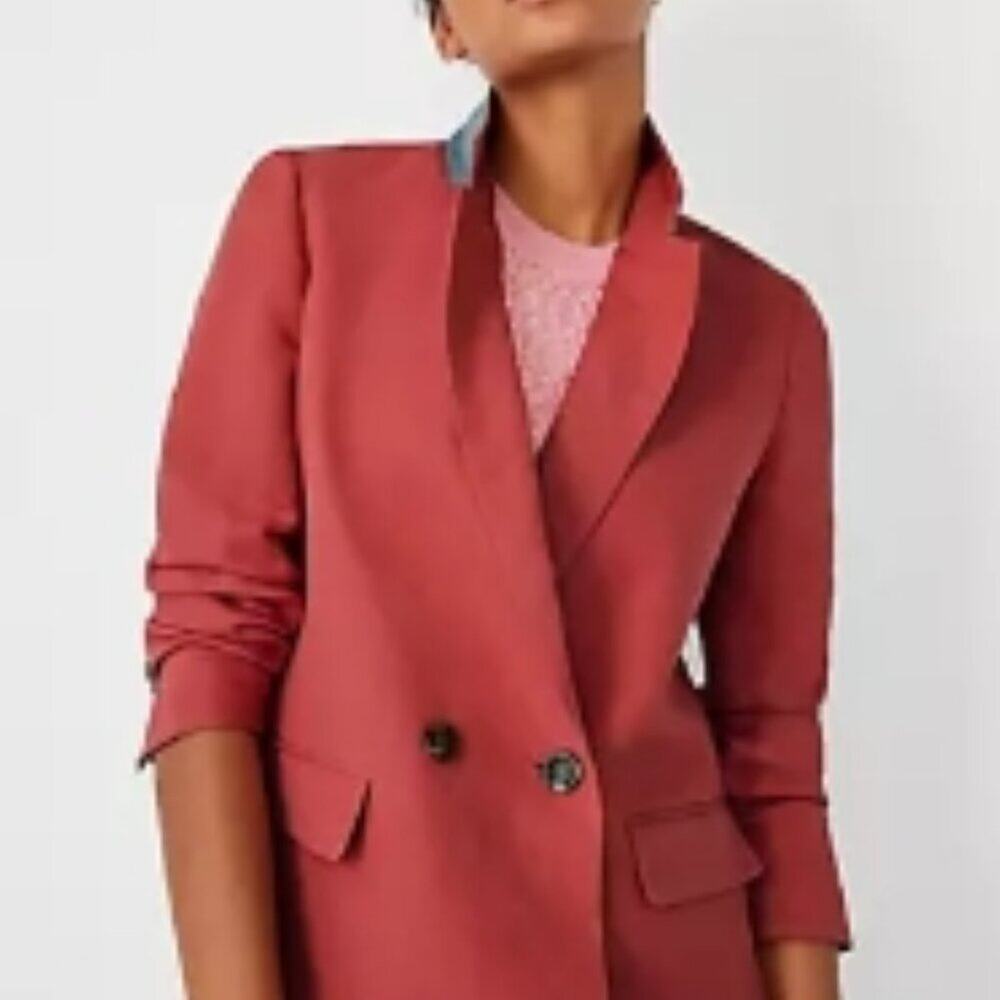 Ann Taylor Linen Blend Relaxed Double Breasted Long Blazer Juicy Watermelon